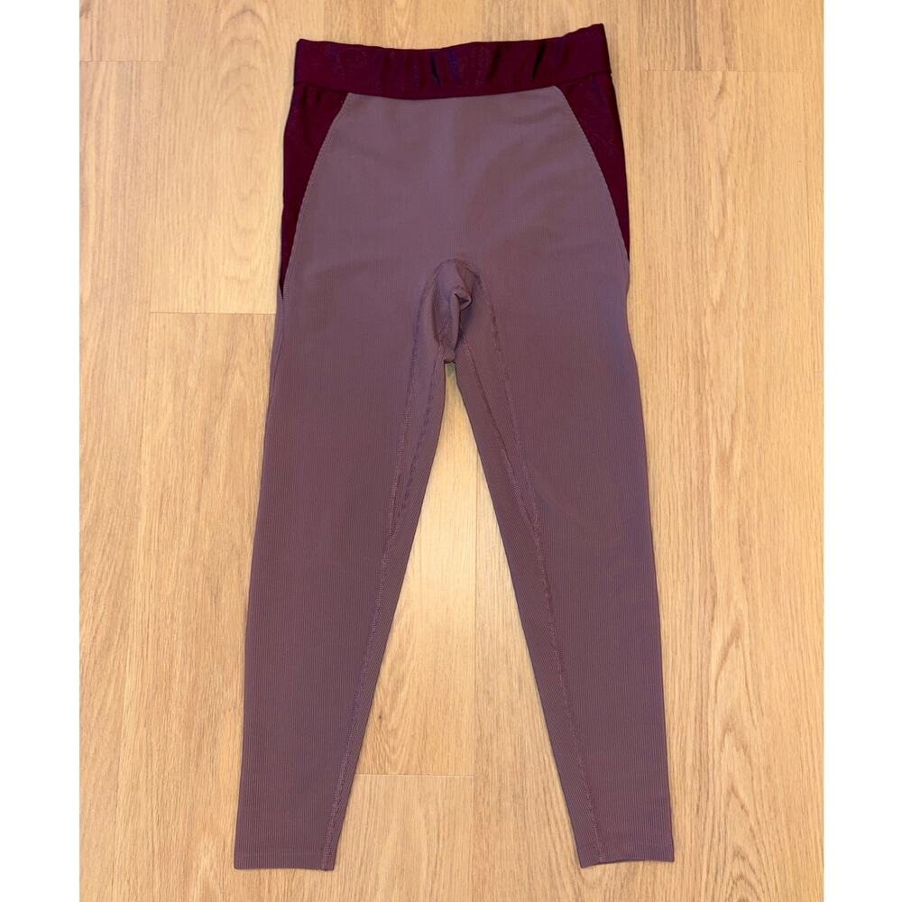Heroine Sport purple ribbed leggings shiny burgundy trim womens size medium
